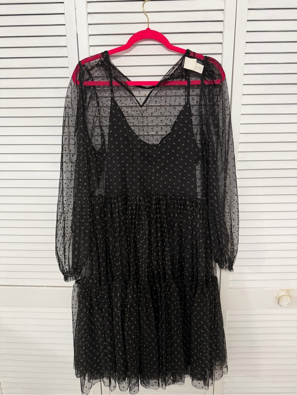 H&M Black Polka Dot Sheer Tiered Long Sleeve Dress